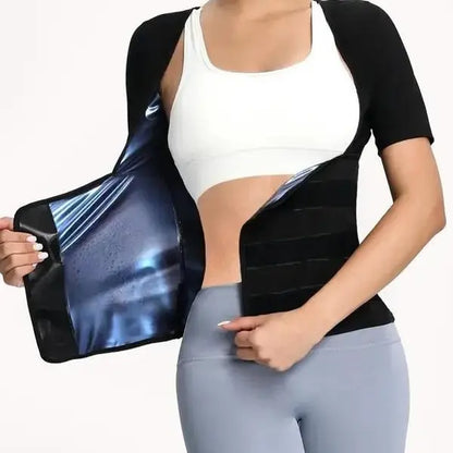 Women'S Plain Velcro Waistband Sports Sauna Te, Sim-Fitting Solid Color Short Sleeve Tummy Control Sweat Body Shaper, Gym Tops, Compression Shirt, Fitness Running Workout Gym Yoga Hiking