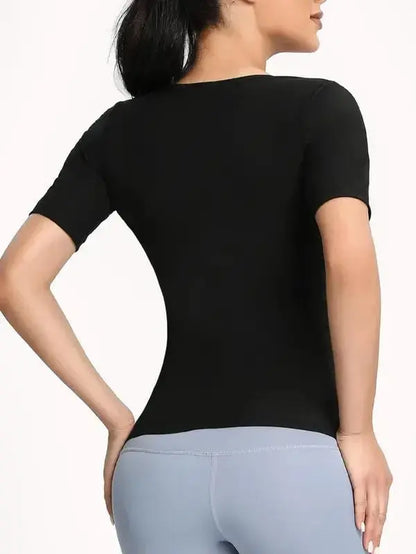 Women'S Plain Velcro Waistband Sports Sauna Te, Sim-Fitting Solid Color Short Sleeve Tummy Control Sweat Body Shaper, Gym Tops, Compression Shirt, Fitness Running Workout Gym Yoga Hiking